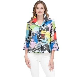 Damee Multicolor Abstract Print Jacket XS 3/4 Sleeve Flare Cuff Artsy Blazer